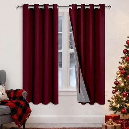 XWZO Full Shading Blackout Curtains 63 Inches Length - Heat and Light Blocking Ring Top Window Drapes with Black Liner Backing for Bedroom Sewn with Tiebacks, Burgundy, W52 x L63, Set of 2 Panels