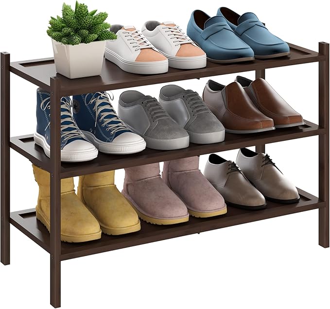 BMOSU 3-Tier Bamboo Shoe Rack Premium Stackable Shoe Shelf Storage Organizer for Hallway Closet Living Room Entryway Organizer(Brown)