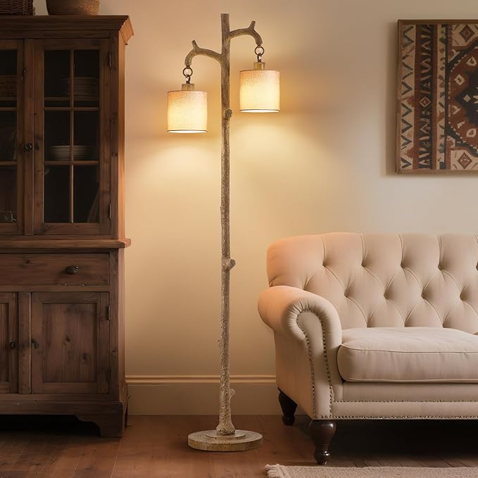 Floor Lamp for Living Room - 69" Rustic Farmhouse Tree Trunk Tall Lamp - Country Resin Vintage Reading Light Standing Lamps for Bedroom Office Classroom kid Room Home Decor (2 Reading Light, Brown)