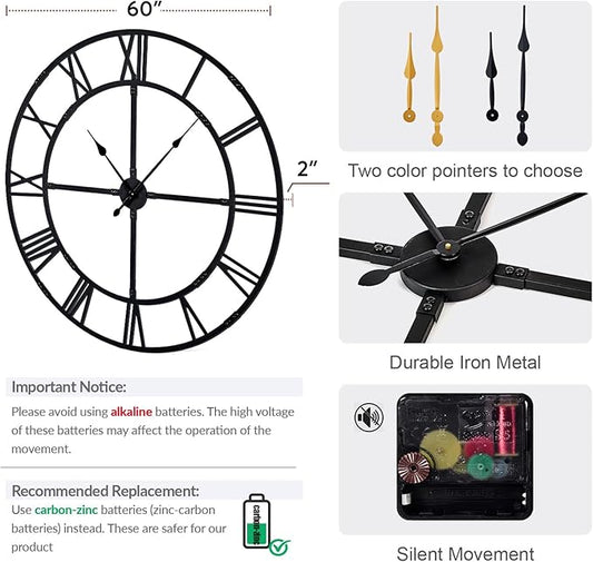 Large Wall Clock for Living Room Decor – 60 Inch Silent Non-Ticking Modern Farmhouse Wall Clock, Oversized Decorative Metal Roman Numeral Clock (Pure Black, 60 Inch)