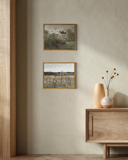 InSimSea Framed Canvas Wall Art Vintage Decor, Wildflower Field Canvas Wall Art Paintings Prints, Rustic Landscape Wall Decor for Bathroom Office Dining Room, 9"x11"