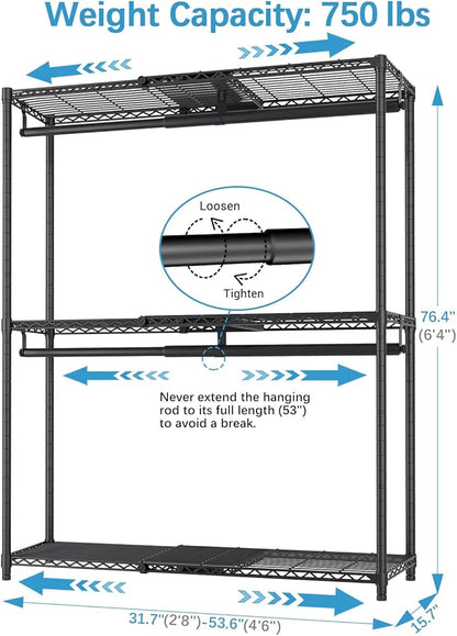 VIPEK X1 Plus Expandable Reach-in Closet Adjustable from 2'8" to 4'6" with Adjustable Shelves and Hanger Rods Clothes Rack Heavy Duty, Metal Clothing Racks Portable Walk-in Closet, Black