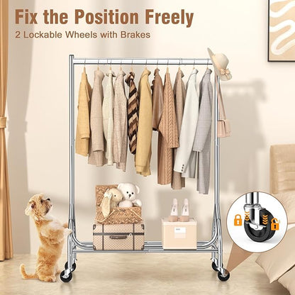 EAGMAK Heavy Duty Clothes Rack Load 420 LBS, Rolling Garment Rack with Lockable Wheels, Standing Metal Clothing Rack with Shelves, Portable Wardrobe Sturdy Coat Rack for Hanging Clothes (Silver)