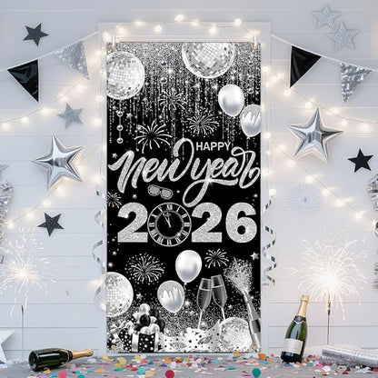 2026 Happy New Year Door Cover Banner Black and Sliver Photography Background New Years Eve Party Decoration Backdrop Holiday Party Hanging Poster Background Banner 35.4x70.8inch