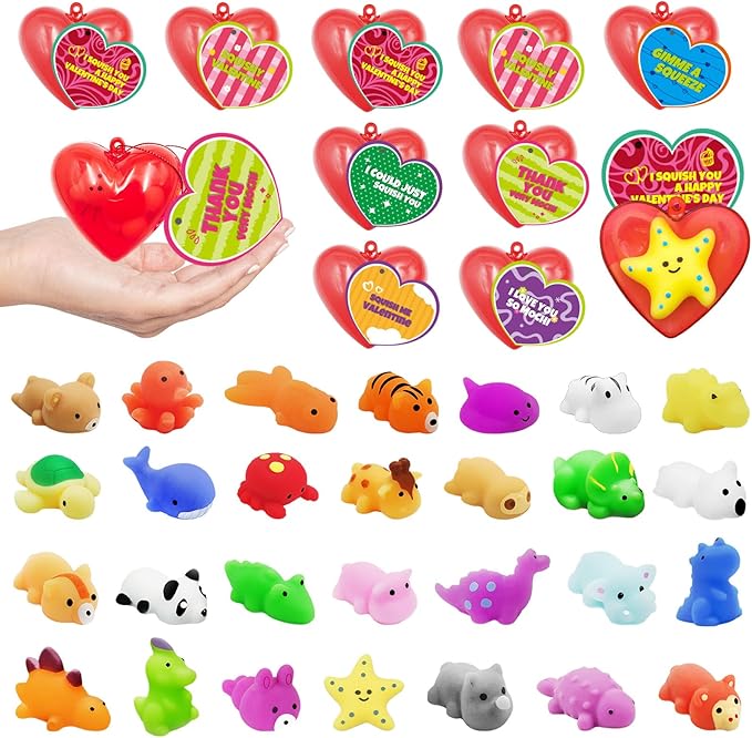 28 Pack Valentines Day Gifts for Kids, Mochi Squishies Party Favor Set with Valentines Greeting Cards for Kids Valentine School Gifts Prize Classroom Exchange Gift Set