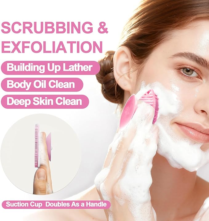 2 Pack Face Scrubbers, Silicone Face Scrubber Soft Bristles, Gentle Lather, Exfoliating & Deep Cleaning for Sensitive Skin, Giant Suction Cup Stick Securely, Easy to Store (Pink + Blue)
