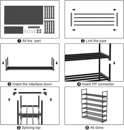 6 Tiers Metal Shoe Rack,Adjustable Shoe Shelf Storage Organizer with Hooks,Stackable Boot & Shoe Storage,for Entryway,Hallway,Closet,Black