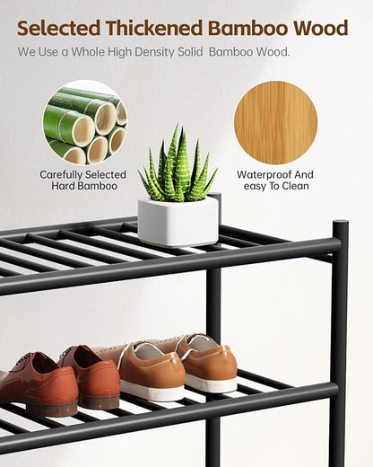 Bamboo Shoe Rack for Closet Small Wooden Shoe Organizer with Pouch, Sturdy Wood Shoe Shelf for Front Door Entrance Entryway and Outdoor, 26 inch Wide (Black, 3-Tier)