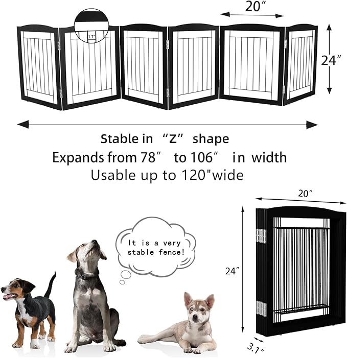 ZJSF Freestanding Foldable Dog Gate for House Extra Wide Wooden Black Indoor Puppy Gate Stairs Dog Gates Doorways Tall Pet Gate 6 Panels Fence