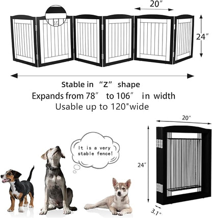 ZJSF Freestanding Foldable Dog Gate for House Extra Wide Wooden Black Indoor Puppy Gate Stairs Dog Gates Doorways Tall Pet Gate 6 Panels Fence