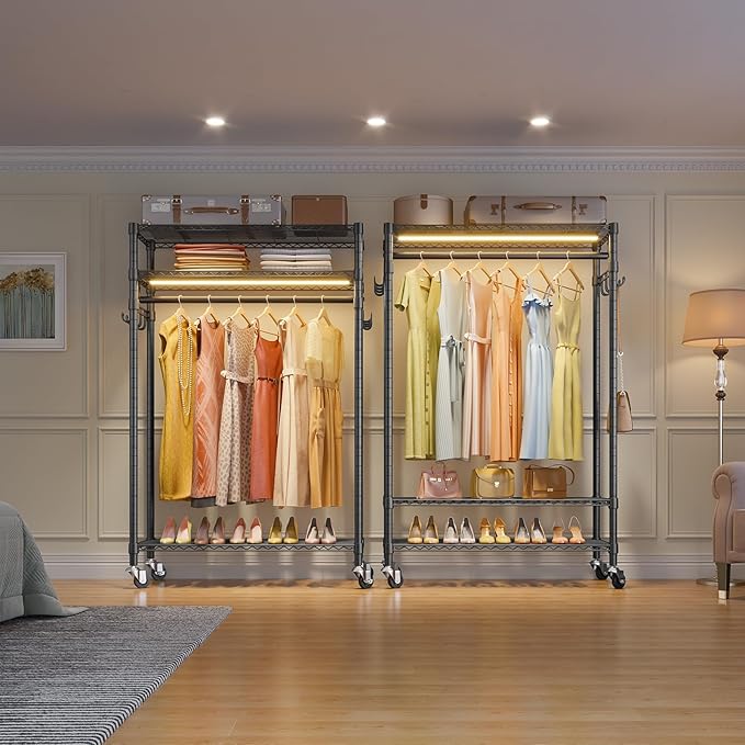 VIPEK R3L Garment Rack Rolling Clothes Rack with Dimmable Led Light, Portable Closet for Hanging Clothes Heavy Duty Wardrobe with Wheels & Side Hooks, Clothing Rack with Adjustable Shelves, Black