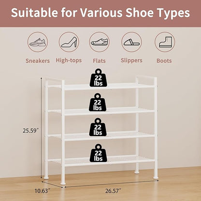 4-Tier Shoe Rack,Metal White Shoe Storage Organizer Shelf for Closet,Entryway,Hallway,Dorm (White, 4 Tier)
