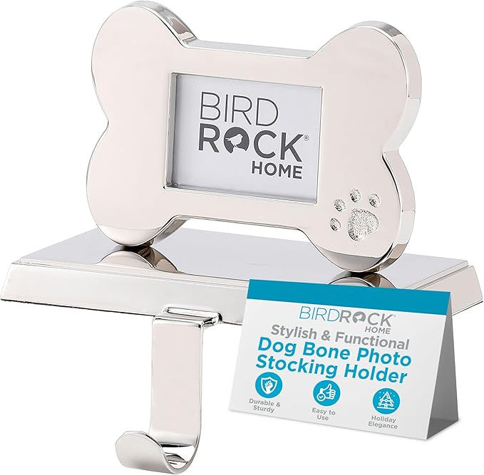 BIRDROCK HOME Christmas Stocking Holders for Mantle - Weighted Metal Hanger for Stockings & Holiday Decor - Sturdy Metal Hook for Fireplace, Staircase & Shelf - Non-Scratch Base - Dog Bone Photo