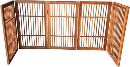 Pet Dog Gate Strong and Durable Freestanding Folding Acacia Hardwood Portable Wooden Fence Indoors or Outdoors by Urnporium (Brown Pet Gate, 5 Panel 30" Tall)