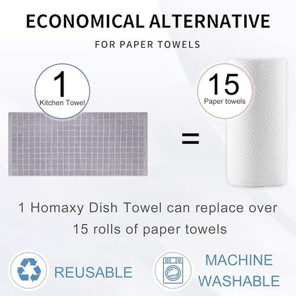 Homaxy 100% Cotton Terry Kitchen Towels(Light Grey, 13 x 28 inches), Checkered Designed, Soft and Super Absorbent Dish Towels, 6 Pack