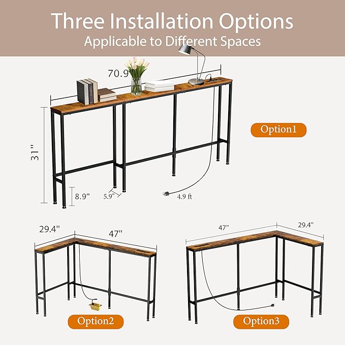 70" Narrow Console Sofa Table with Power Outlets & 2 USB Ports, L Shaped Behind Couch Table Skinny, 3 Assembly Options Entryway Tables with Charging Station for Living Room, Hallway, Brown, 70IN
