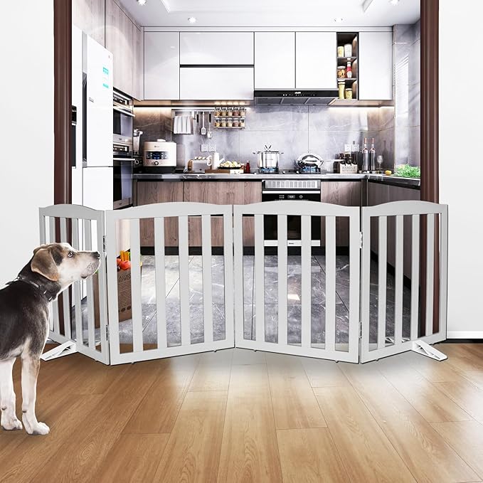 ZJSF Foldable Freestanding Indoor Dog Gate for House Wood Long Pet Gates Dog Fence for Stairs Puppy Gates for Hallways, Puppy Gate,Support Feet Included, Grey, 24 "Height-4 Panels