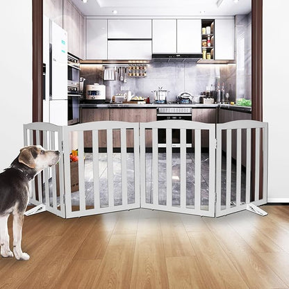 ZJSF Foldable Freestanding Indoor Dog Gate for House Wood Long Pet Gates Dog Fence for Stairs Puppy Gates for Hallways, Puppy Gate,Support Feet Included, Grey, 24 "Height-4 Panels