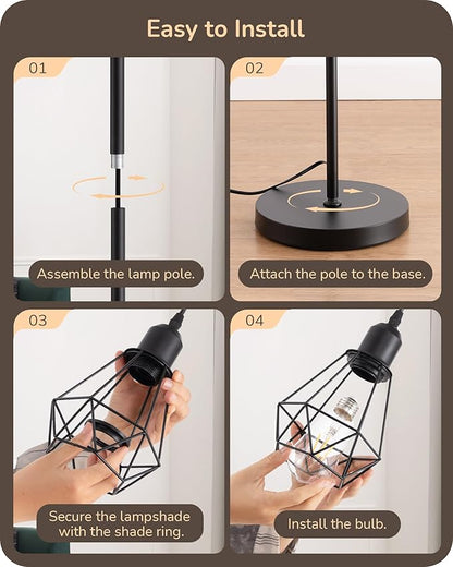 EDISHINE 70IN Farmhouse Floor Lamps for Living Room, Dimmable Industrial Tall Standing Lamps 3 LED Edison Bulbs Included, Diamond-Shaped Cage, Rustic Tree Corner Light for Bedroom, Office, Black