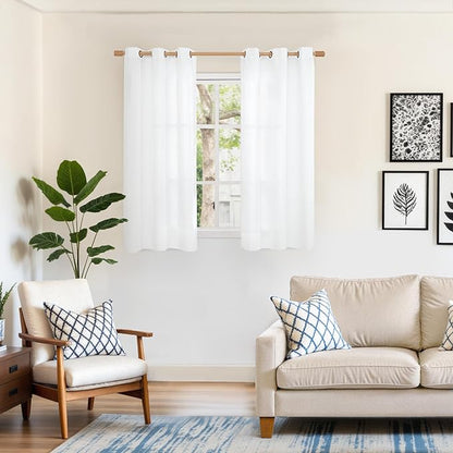 YoungsTex 48 Inch Length White Linen Curtains for Short Window, Light Filtering Drapes with Bronze Grommet Semi Sheer for Kitchen Living Room Windows Decorative Privacy, 42 X 48 Inch, 2 Panels