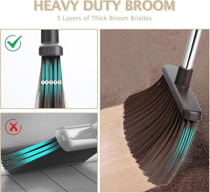 Broom and Dustpan Set with Long Handle, Heavy Dust Broom and Dustpan Combo for Home，Kitchen, Office, Pet Hair(Beige)