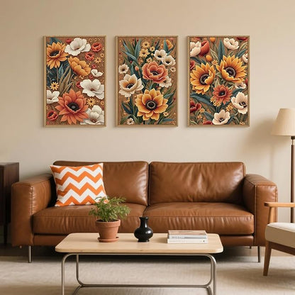 Large Boho Flower Botanical Framed Canvas Wall Art,Abstract Floral Wall Decor,Embroidery Plant Wall Painting,Bloom Wildflower Artwork for Living Room,Bedroom,Dining Room,Office -16"x24"x3