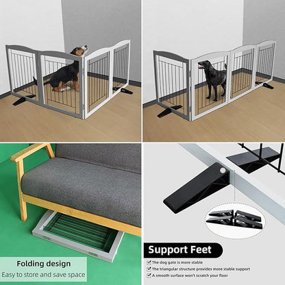 ZJSF Freestanding Dog Fence Indoor, Foldable Dog Gate for Doorways, Stairs or Hallways, Sturdy Wood Extra Wide Pet Gate with Support Feet for The House, Grey, 32 "Height-2 Panels