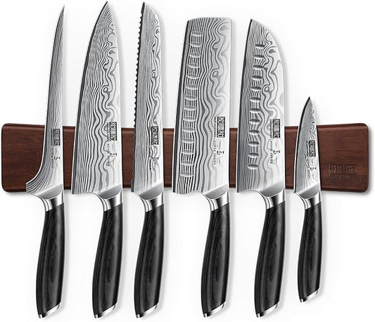 7 Pieces Knife Set with Magnetic Knife Holder, Ultra Sharp Powder Steel Kitchen Knives Set, Professional Chef Knife Sets with Ergonomic Pakkawood Handle