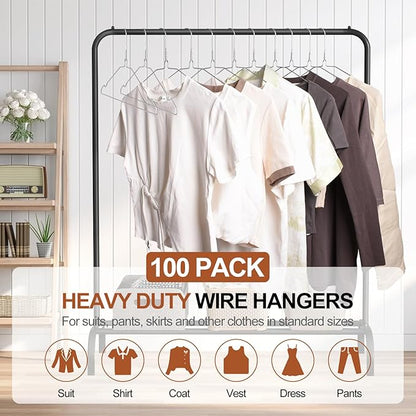 100 Pack Bulk Metal Clothes Hangers, Heavy Duty Wire Coat Hangers, Non-Slip, Ultra Thin Space Saving Hangers for Closet, Shirts, Suits, Pants, 16 Inch