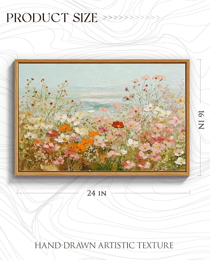 InSimSea Vintage Framed Canvas Art, Vintage Coastal Wildflower Field Painting, Hand-Painted Landscape Textured Artwork for Living Room Hallway,16x24in,Nature Serene Wall Shelf Decor Aesthetic