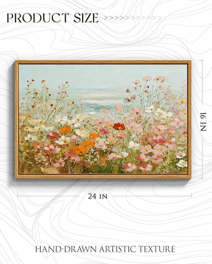 InSimSea Vintage Framed Canvas Art, Vintage Coastal Wildflower Field Painting, Hand-Painted Landscape Textured Artwork for Living Room Hallway,16x24in,Nature Serene Wall Shelf Decor Aesthetic