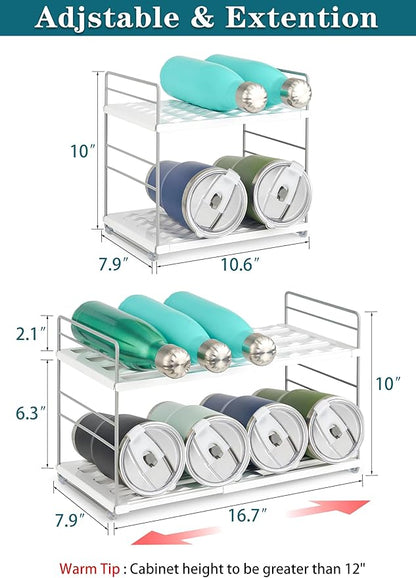 Water Bottle Organizer For Cabinet, Adjustable Tumbler Storage, Expandable Water Bottle Holder For Kitchen Organization, 2 Tier Cup Organizer For Sports Flask Insulated Travel Mug Fridge, White
