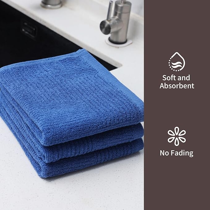 Glynniss Dish Towels for Kitchen, Absorbent Cotton Kitchen Towels for Drying Dishes, Terry Tea Towels for Cleaning Set of 3 (Blue, 16x26)