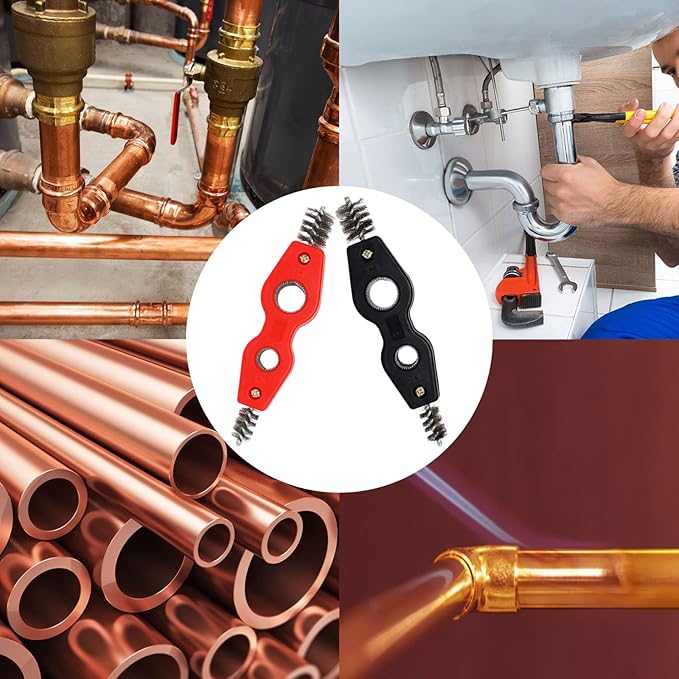 2 Pack 4-in-1 Copper Pipe Cleaner, 1/2 in & 3/4 in Wire Brush Copper Pipe Brush, Inner & Outer Thread Cleaner Plumber Deburring Brushs Coppers Cleaning Brushs for Brazing, Plumbing, Soldering