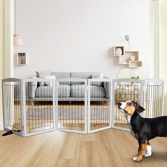 ZJSF Freestanding Dog Fence Indoor, Foldable Dog Gate for Doorways, Stairs or Hallways, Sturdy Wood Extra Wide Pet Gate with Support Feet for The House, Grey, 32 "Height-6 Panels