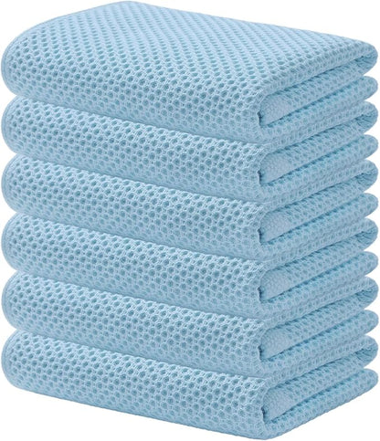 Kitinjoy 100% Cotton Waffle Weave Kitchen Towels (13 X 28 Inches, Sky Blue), 6-Pack Super Soft and Absorbent Dish Towels for Drying Dishes, Kitchen Hand Towels
