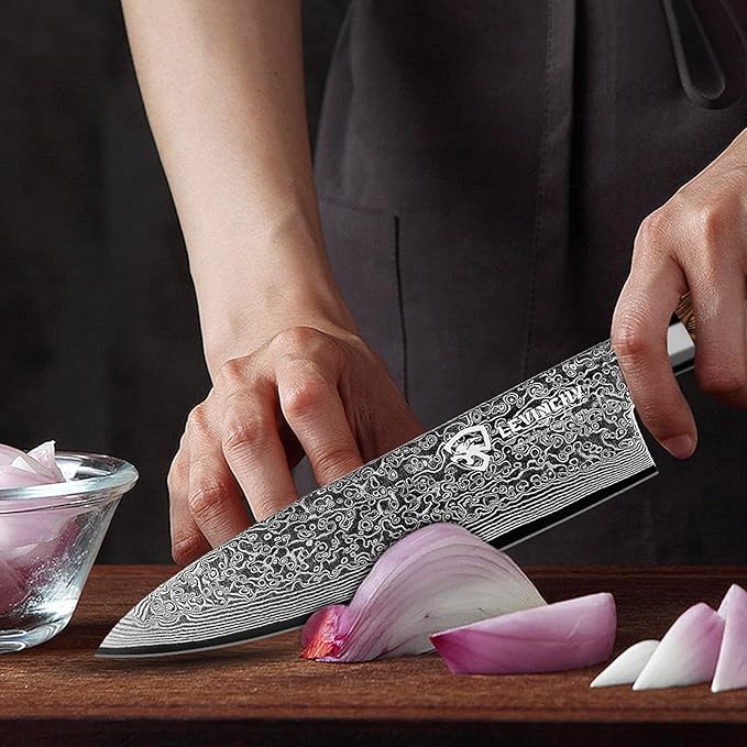 Damascus Chef's Knife 8 inch Professional Handmade Damascus Stainless Steel Kitchen Knife, Superb Edge Retention, Stain & Corrosion Resistant, Ergonomic PAKKA Wood Handle