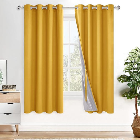 XWZO 100% Blackout Curtains 72 Inches Length - Heat and Light Blocking Ring Top Window Drapes with Black Liner Backing for Bedroom Sewn with Tiebacks, Yellow, W52 x L72, Set of 2