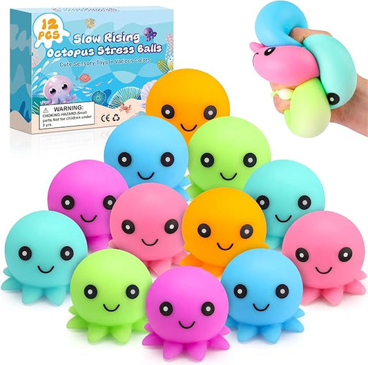 12 Pack Stress Balls for Adults, Cute Octopus Stress Relief Stress Ball, Fidget Toys Bulk Squishy Squeeze Ball Set and Birthday Party Favors Toys for Kids