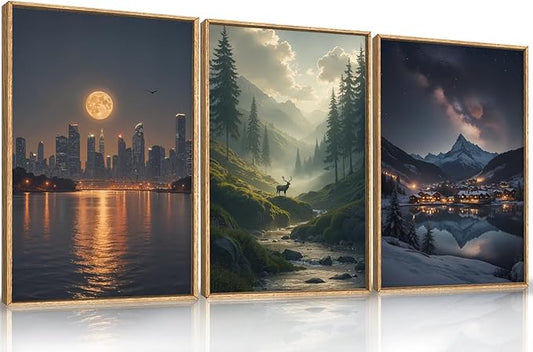 Large Modern City Moon Framed Canvas Wall Art,Forest Misty Wall Decor,Winter Town Night Wall Painting,Nature Landscape Picture Artwork for Living Room,Bedroom,Dining Room,Office -16"x24"x3