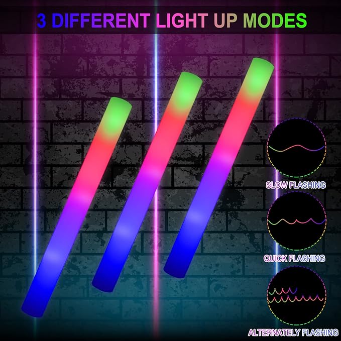 LifBetter 45 Pcs Glow Sticks Bulk- LED Foam Sticks in The Dark with 3 Modes Flashing Led Foam Multicolor Batons Light up Party Favors for Birthdays, Weddings, Concerts, Festivals