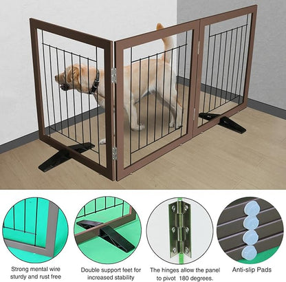 ZJSF Freestanding Dog Gate Indoor, Foldable Dog Fence for Doorways,Hallways or Stairs, Sturdy Wood Extra Wide Pet Gate with Support Feet,Brown,24 "Height-3 Panels