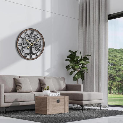 Micasso Non-Ticking Oversize Wall Clock: 35Inch Tree of Life Metal with Solid Wood Frame - Silent Battery Operated Clock for Bedroom/Fireplace/High-Ceiling - Home Decor for Interior Designers