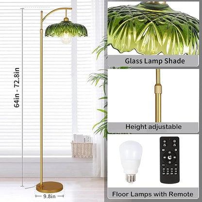 Gold Floor Lamp for Living Room,Bedroom,Mid Century Modern Standing Lamp with Remote,Dimmable Brass Tall Lamp Green Glass Lamp Shade Vintage Retro Arc Floor Lamps Floor Light Boho Bohemian