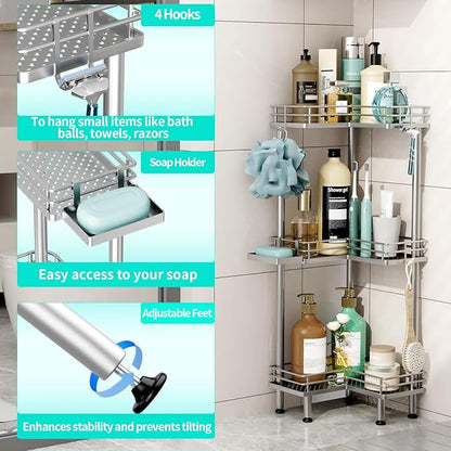 HapiRm Corner Shower Caddy Standing - 3 Tier Shower Organizer Corner with Soap Holder, Rustproof Bathroom Standing Organizer with 4 Hooks, Silver