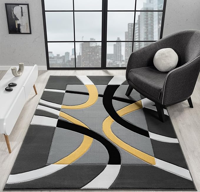 Ultra Soft Area Rug Hand Carved - Modern Abstract Design for Indoor Living Room & Bedroom - Stain Resistant, Easy to Clean - (5x7, Yellow)