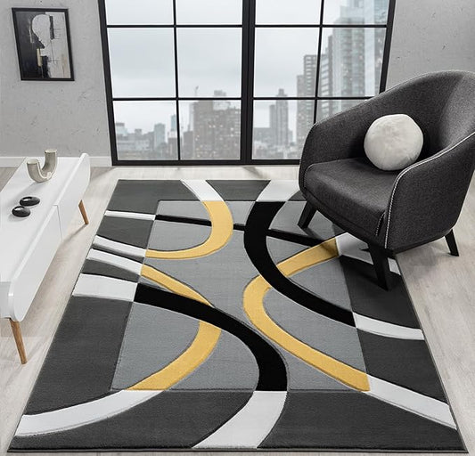 Ultra Soft Area Rug - Modern Abstract Design for Living Room & Bedroom - Foldable, Stain Resistant, Easy to Clean - (8x11, Yellow)