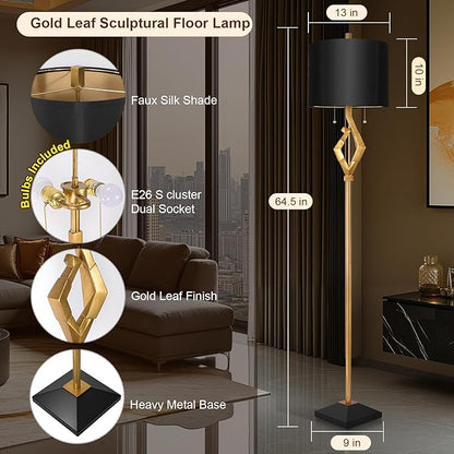 Scenekoy Sculptural 64.5” Floor Lamp for Living Room Bedroom, Gold Leaf Finish & Black Faux Silk Shade, Pull Chains Switch Standing Lamp, Brightness Adjustable Lamp with Bulb Prefer for Home Office