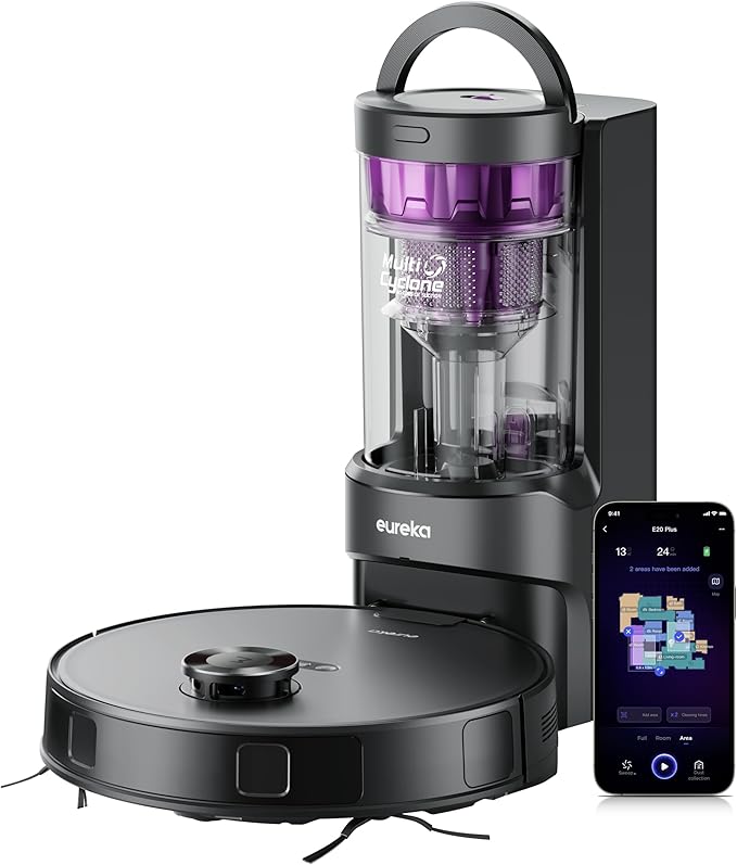 Eureka E20 Plus Robot Vacuum and Mop Combo, Robot Vacuum Cleaner with Bagless Self Emptying Station, 45-Day Capacity 8000Pa Suction and Anti Hair-Tangling Brush App Control LiDAR Navigation