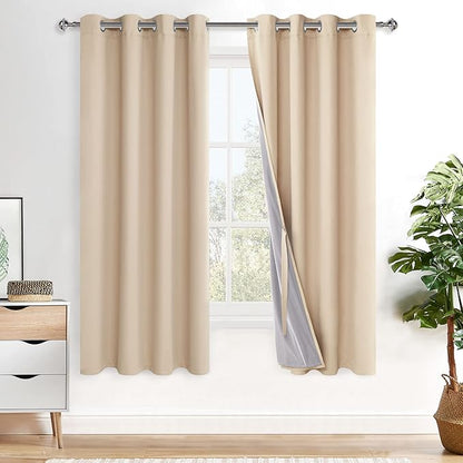 XWZO 100% Blackout Window Curtains with Tiebacks- Privacy Protection & Noise Blocking Window Draperies Grommet Top with Black Liner for Bedroom/Living Room, Biscotti Beige, W52 x L72, Set of 2 Panels